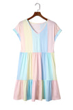 LC6113934-22-S, LC6113934-22-M, LC6113934-22-L, LC6113934-22-XL, Multicolor V Neck Short Sleeve Mini Dress Striped Color Block Tiered A-Line Swing Short Dresses