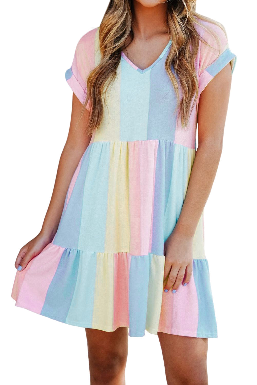 V Neck Short Sleeve Mini Dress Striped Color Block Tiered A-Line Swing PinkQueenShop V Neck Short Sleeve Mini Dress Striped Color Block Tiered A-Line Swing PinkQueenShop