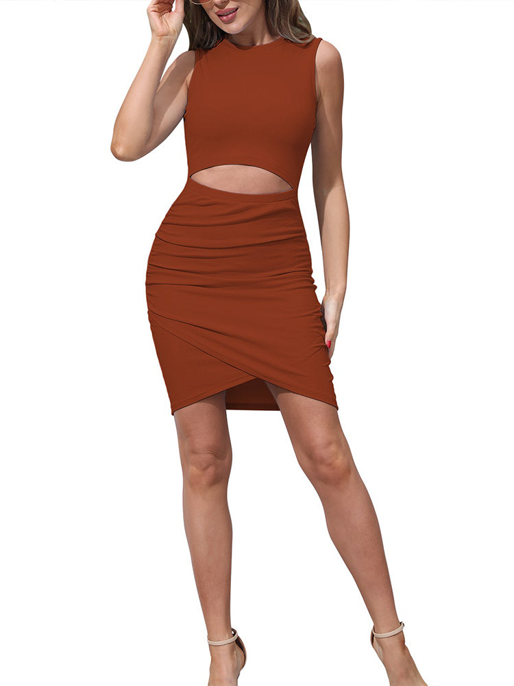 LC6111445-17-S, LC6111445-17-M, LC6111445-17-L, LC6111445-17-XL, Brown Women's Sexy Bodycon Dress Tank Hollow-out Tulip Mini Dress