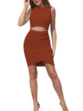 LC6111445-17-S, LC6111445-17-M, LC6111445-17-L, LC6111445-17-XL, Brown Women's Sexy Bodycon Dress Tank Hollow-out Tulip Mini Dress