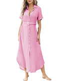 LC618591-6-S, LC618591-6-M, LC618591-6-L, LC618591-6-XL, Rose Women's Cover Up Short Sleeve Button Down Summer Beach Maxi Dress