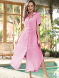 LC618591-6-S, LC618591-6-M, LC618591-6-L, LC618591-6-XL, Rose Women's Cover Up Short Sleeve Button Down Summer Beach Maxi Dress