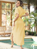 LC618591-7-S, LC618591-7-M, LC618591-7-L, LC618591-7-XL, Yellow Women's Cover Up Short Sleeve Button Down Summer Beach Maxi Dress