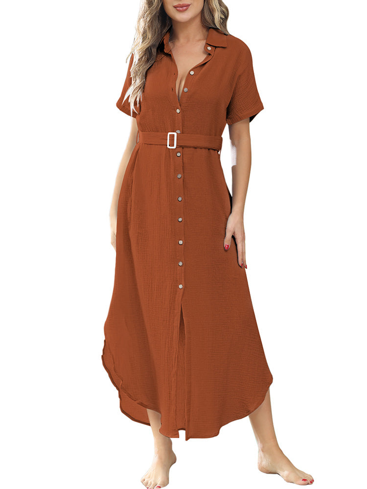 LC618591-17-S, LC618591-17-M, LC618591-17-L, LC618591-17-XL, Brown Women's Cover Up Short Sleeve Button Down Summer Beach Maxi Dress
