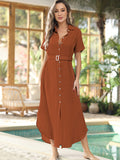 LC618591-17-S, LC618591-17-M, LC618591-17-L, LC618591-17-XL, Brown Women's Cover Up Short Sleeve Button Down Summer Beach Maxi Dress