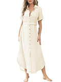 LC618591-18-S, LC618591-18-M, LC618591-18-L, LC618591-18-XL, Apricot Women's Cover Up Short Sleeve Button Down Summer Beach Maxi Dress