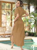 LC618591-1016-S, LC618591-1016-M, LC618591-1016-L, LC618591-1016-XL, Khaki Women's Cover Up Short Sleeve Button Down Summer Beach Maxi Dress