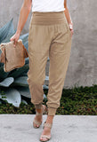 LC77345-16-S, LC77345-16-M, LC77345-16-L, LC77345-16-XL, Khaki Women's High Waist Joggers Wide Band Sweatpants with Pockets