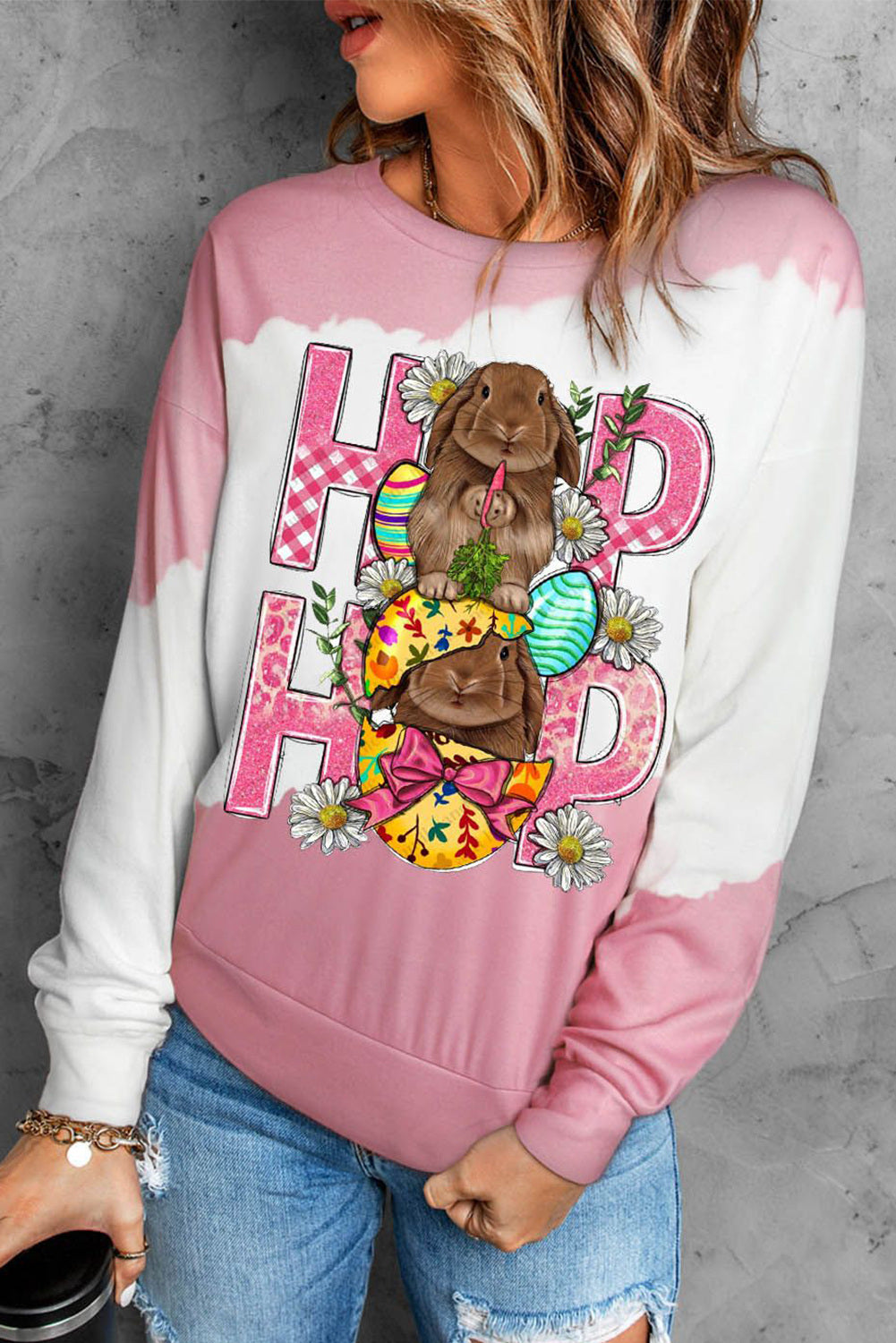 LC25120750-10-S, LC25120750-10-M, LC25120750-10-L, LC25120750-10-XL, LC25120750-10-2XL, Pink Easter Print Bunny Graphic Crew Neck Sweatshirt Pullover Tops