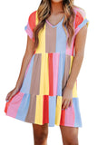 LC6113934-3-S, LC6113934-3-M, LC6113934-3-L, LC6113934-3-XL, V Neck Short Sleeve Mini Dress Striped Color Block Tiered A-Line Swing Short Dresses