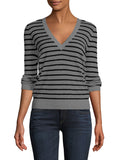 PSE2287GY-L, PSE2287GY-M, PSE2287GY-S, PSE2287GY-XL, Grey Striped Slim-fit Deep V Neck Pullover Sweater