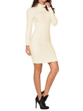 PSE2294WH-L, White Oversized Turtleneck  Loose Balloon Sleeve Ribbed Knit Pullover Dress