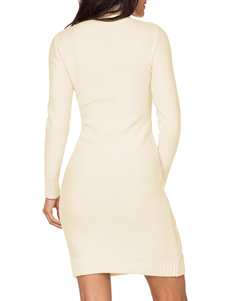 PSE2294WH-L, White Oversized Turtleneck  Loose Balloon Sleeve Ribbed Knit Pullover Dress