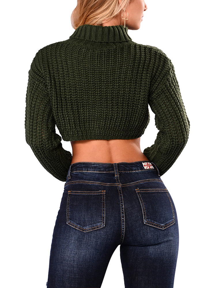 PSE2514AG-L, PSE2514AG-M, PSE2514AG-S, PSE2514AG-XL, Army Green Women's Turtleneck Long Sleeve Knit Pullover Crop Sweater
