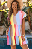 LC6113934-3-S, LC6113934-3-M, LC6113934-3-L, LC6113934-3-XL, V Neck Short Sleeve Mini Dress Striped Color Block Tiered A-Line Swing Short Dresses