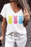 LC25220411-1-S, LC25220411-1-M, LC25220411-1-L, LC25220411-1-XL, LC25220411-1-2XL, White V Neck Easter Rabbit Print T Shirt Short Sleeve Top for Women
