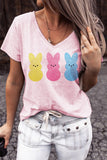 LC25220411-10-S, LC25220411-10-M, LC25220411-10-L, LC25220411-10-XL, LC25220411-10-2XL, Pink V Neck Easter Rabbit Print T Shirt Short Sleeve Top for Women