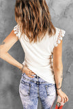 LC2568674-1-S, LC2568674-1-M, LC2568674-1-L, LC2568674-1-XL, LC2568674-1-2XL, White Floral Print Tan Top for Women Lace Trim Sleeveless T Shirt