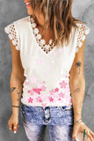 LC2568674-1-S, LC2568674-1-M, LC2568674-1-L, LC2568674-1-XL, LC2568674-1-2XL, White Floral Print Tan Top for Women Lace Trim Sleeveless T Shirt