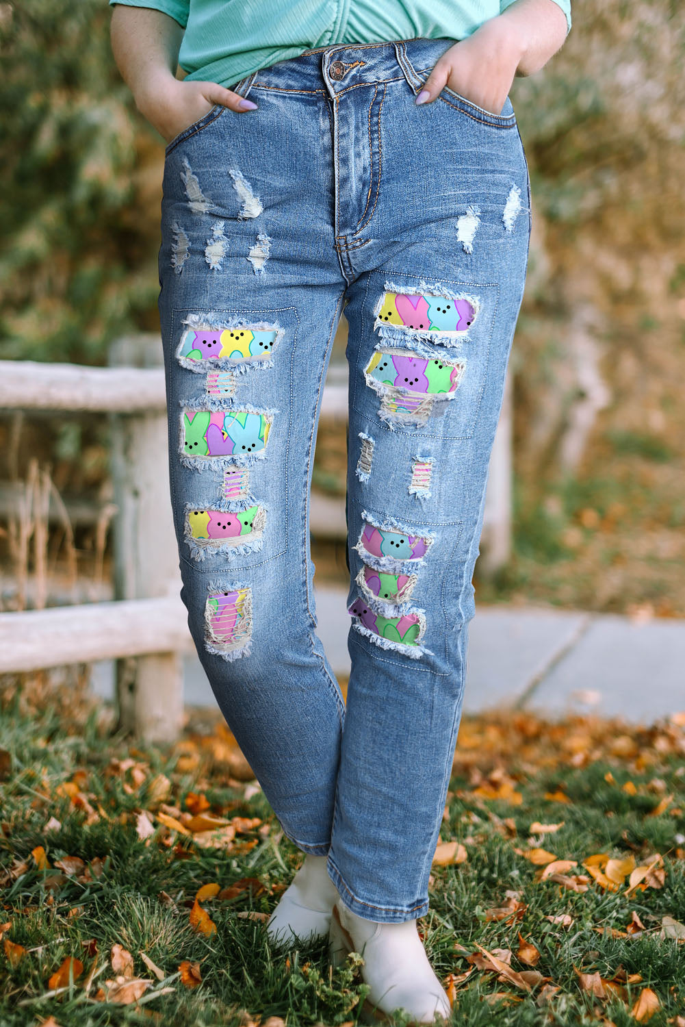 PL787083-5-1X, PL787083-5-2X, PL787083-5-3X, PL787083-5-4X, PL787083-5-5X, Blue Plus Size Denim Pants Easter Rabbit Ripped Distressed Jeans for Women