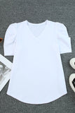 LC25219590-1-S, LC25219590-1-M, LC25219590-1-L, LC25219590-1-XL, White Women's Summer Casual Shirts Puff Sleeve V Neck T-Shirt