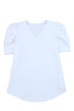 LC25219590-1-S, LC25219590-1-M, LC25219590-1-L, LC25219590-1-XL, White Women's Summer Casual Shirts Puff Sleeve V Neck T-Shirt