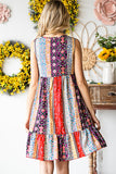 LC2211998-3-S, LC2211998-3-M, LC2211998-3-L, LC2211998-3-XL, Red V Neck Bohemian Floral Print Shift Dress Color Block Ruffled Sleeveless Mini Dress