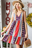 LC2211998-3-S, LC2211998-3-M, LC2211998-3-L, LC2211998-3-XL, Red V Neck Bohemian Floral Print Shift Dress Color Block Ruffled Sleeveless Mini Dress