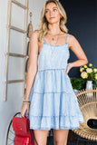 LC786389-4-S, LC786389-4-M, LC786389-4-L, LC786389-4-XL, Sky Blue Womens Casual Flowy Tiered Babydoll Denim Dress Adjustable Straps Ruffle Jean Dresses