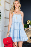 LC786389-4-S, LC786389-4-M, LC786389-4-L, LC786389-4-XL, Sky Blue Womens Casual Flowy Tiered Babydoll Denim Dress Adjustable Straps Ruffle Jean Dresses