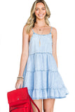 LC786389-4-S, LC786389-4-M, LC786389-4-L, LC786389-4-XL, Sky Blue Womens Casual Flowy Tiered Babydoll Denim Dress Adjustable Straps Ruffle Jean Dresses