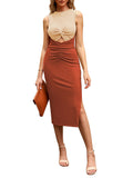 LC6113389-1017-S, LC6113389-1017-M, LC6113389-1017-L, LC6113389-1017-XL, Brown Women's Cut Out Bodycon Maxi Dresses Twist Front Sleeveless Dresses with Split