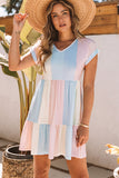 LC6113934-22-S, LC6113934-22-M, LC6113934-22-L, LC6113934-22-XL, Multicolor V Neck Short Sleeve Mini Dress Striped Color Block Tiered A-Line Swing Short Dresses