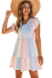 LC6113934-22-S, LC6113934-22-M, LC6113934-22-L, LC6113934-22-XL, Multicolor V Neck Short Sleeve Mini Dress Striped Color Block Tiered A-Line Swing Short Dresses