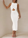 LC6113389-1-S, LC6113389-1-M, LC6113389-1-L, LC6113389-1-XL, White Women's Cut Out Bodycon Maxi Dresses Twist Front Sleeveless Dresses with Split