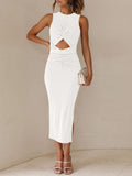 LC6113389-1-S, LC6113389-1-M, LC6113389-1-L, LC6113389-1-XL, White Women's Cut Out Bodycon Maxi Dresses Twist Front Sleeveless Dresses with Split