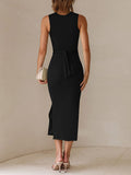 LC6113389-2-S, LC6113389-2-M, LC6113389-2-L, LC6113389-2-XL, Black Women's Cut Out Bodycon Maxi Dresses Twist Front Sleeveless Dresses with Split
