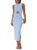 LC6113389-4-S, LC6113389-4-M, LC6113389-4-L, LC6113389-4-XL, Sky Blue Women's Cut Out Bodycon Maxi Dresses Twist Front Sleeveless Dresses with Split