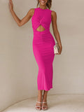LC6113389-6-S, LC6113389-6-M, LC6113389-6-L, LC6113389-6-XL, Rose Women's Cut Out Bodycon Maxi Dresses Twist Front Sleeveless Dresses with Split