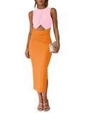 LC6113389-14-S, LC6113389-14-M, LC6113389-14-L, LC6113389-14-XL, Orange Women's Cut Out Bodycon Maxi Dresses Twist Front Sleeveless Dresses with Split