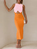 LC6113389-14-S, LC6113389-14-M, LC6113389-14-L, LC6113389-14-XL, Orange Women's Cut Out Bodycon Maxi Dresses Twist Front Sleeveless Dresses with Split