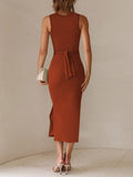LC6113389-17-S, LC6113389-17-M, LC6113389-17-L, LC6113389-17-XL, Brown Women's Cut Out Bodycon Maxi Dresses Twist Front Sleeveless Dresses with Split