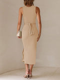 LC6113389-18-S, LC6113389-18-M, LC6113389-18-L, LC6113389-18-XL, Apricot Women's Cut Out Bodycon Maxi Dresses Twist Front Sleeveless Dresses with Split