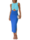 LC6113389-105-S, LC6113389-105-M, LC6113389-105-L, LC6113389-105-XL, NAVY BLUE Women's Cut Out Bodycon Maxi Dresses Twist Front Sleeveless Dresses with Split