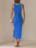 LC6113389-105-S, LC6113389-105-M, LC6113389-105-L, LC6113389-105-XL, NAVY BLUE Women's Cut Out Bodycon Maxi Dresses Twist Front Sleeveless Dresses with Split