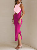 LC6113389-506-S, LC6113389-506-M, LC6113389-506-L, LC6113389-506-XL, Rouge Rose Women's Cut Out Bodycon Maxi Dresses Twist Front Sleeveless Dresses with Split