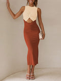 LC6113389-1017-S, LC6113389-1017-M, LC6113389-1017-L, LC6113389-1017-XL, Brown Women's Cut Out Bodycon Maxi Dresses Twist Front Sleeveless Dresses with Split