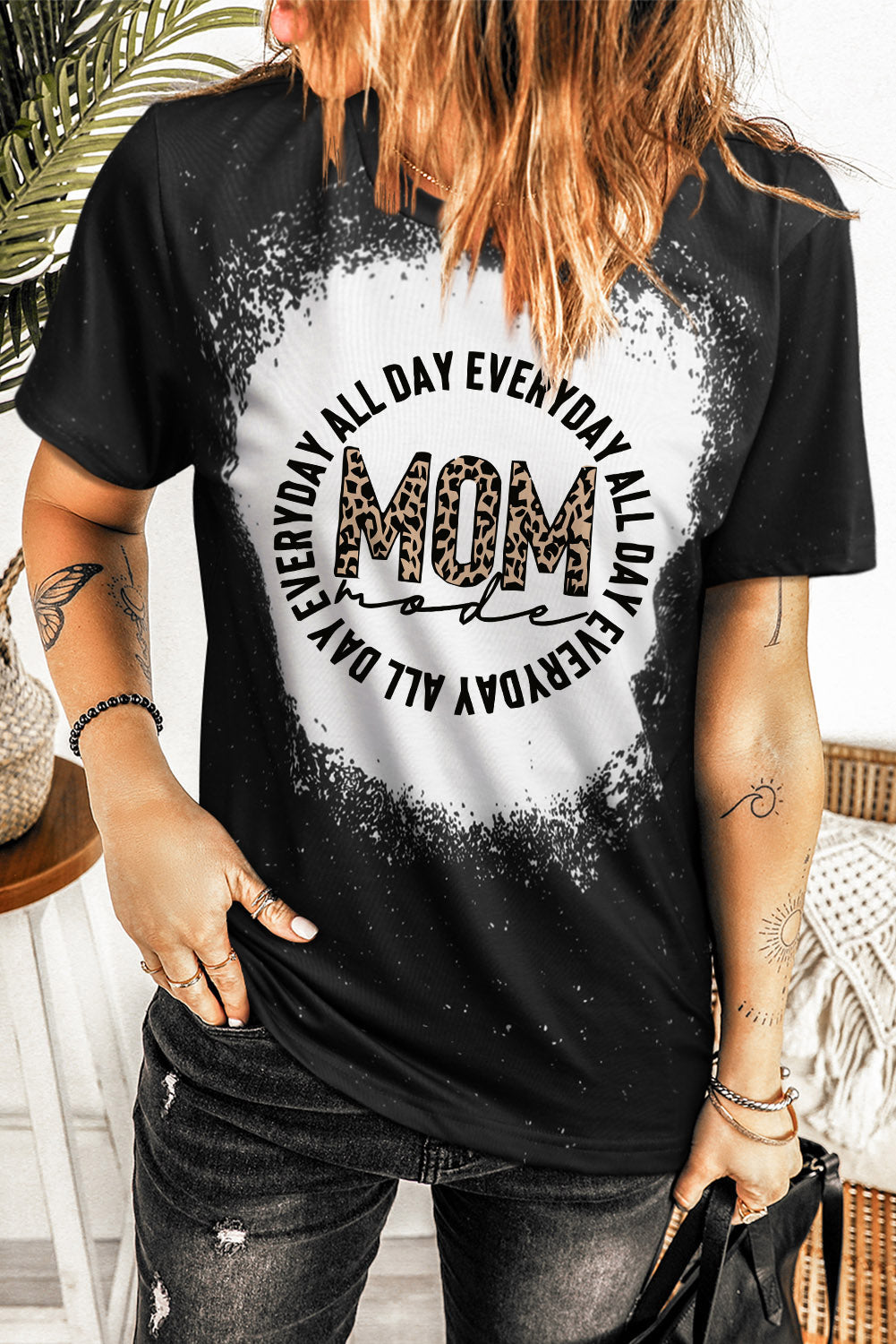 LC25220779-2-S, LC25220779-2-M, LC25220779-2-L, LC25220779-2-XL, Black Mama Vintage Bleached T-Shirt Women Mom Leopard Short Sleeve Graphic Tee