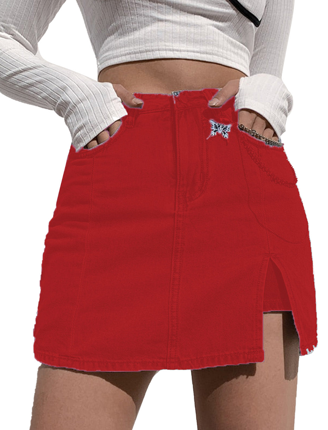 LC7811027-103-S, LC7811027-103-M, LC7811027-103-L, LC7811027-103-XL, LC7811027-103-2XL, True Red Women's Casual Denim Skirt High Waist Casual Mini Skirts