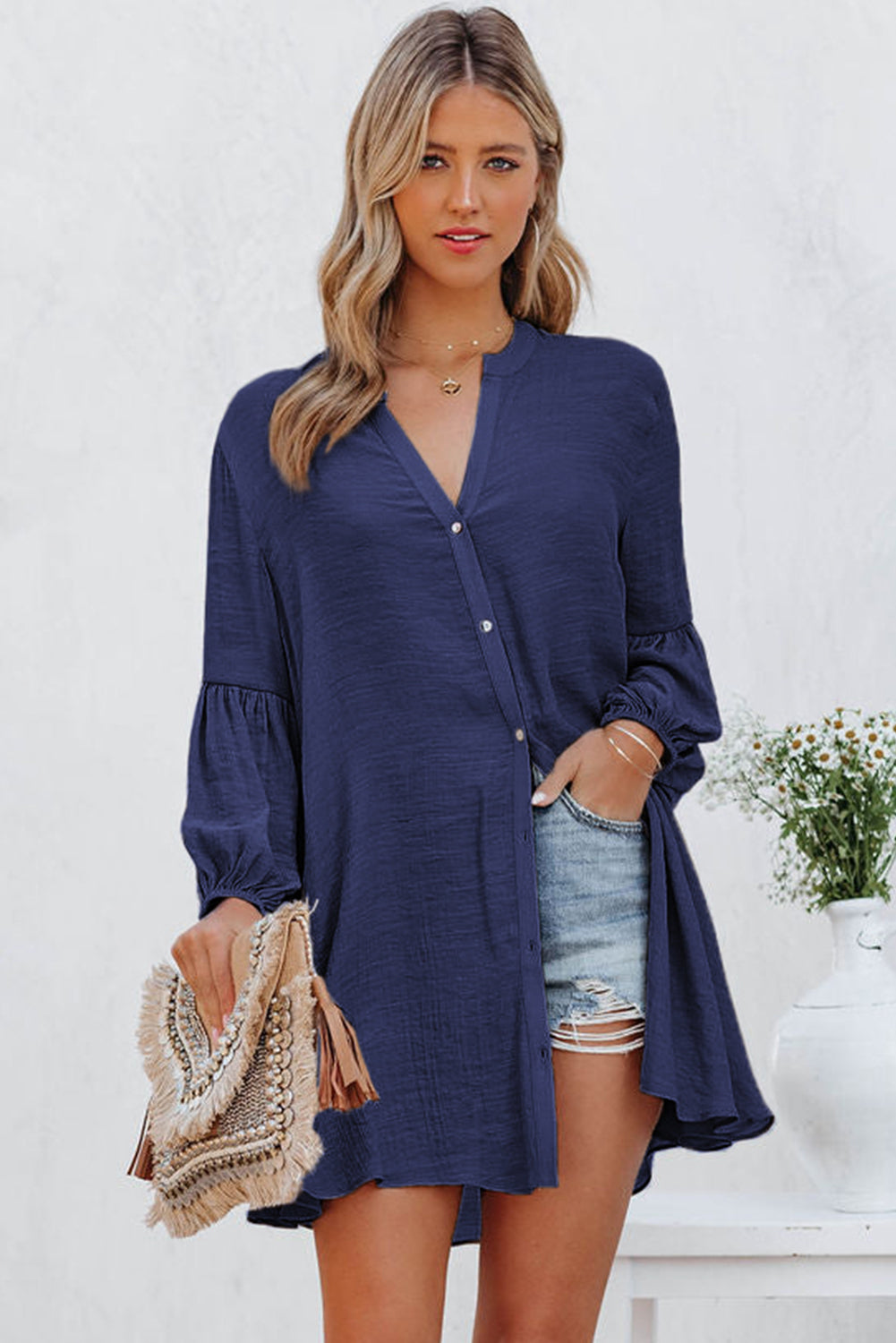LC2552553-5-S, LC2552553-5-M, LC2552553-5-L, LC2552553-5-XL, LC2552553-5-2XL, Blue Womens Long Sleeve Oversized Blouses Tops Button Up Bishop Sleeve Shirt